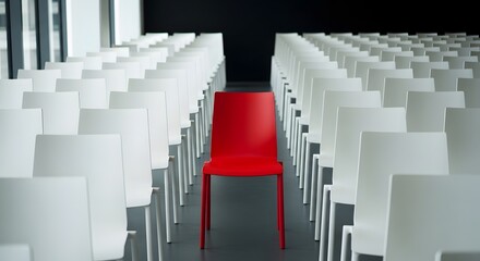 Red chair among rows of white chairs, uniqueness concept