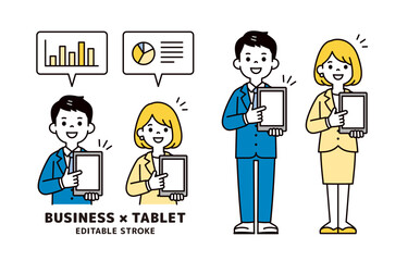 タブレット画面を指して提案する会社員のシンプルな上半身・全身ベクターイラスト素材セット