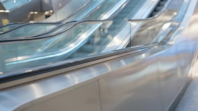 Contemporary escalators with sleek metal and glass design transporting people through a sophisticated urban interior space, representing efficiency and modern technology