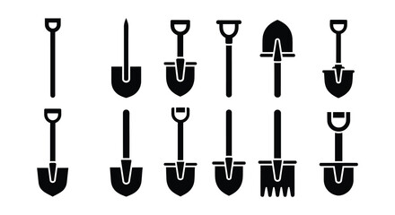 Collection of black silhouette garden tools primarily shovels and spades © MdNirob