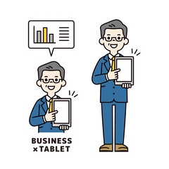 タブレットを指さして解説するシニア世代のビジネスマンの上半身・全身ベクターイラスト素材セット