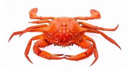 Bright red crab with claws raised on white background