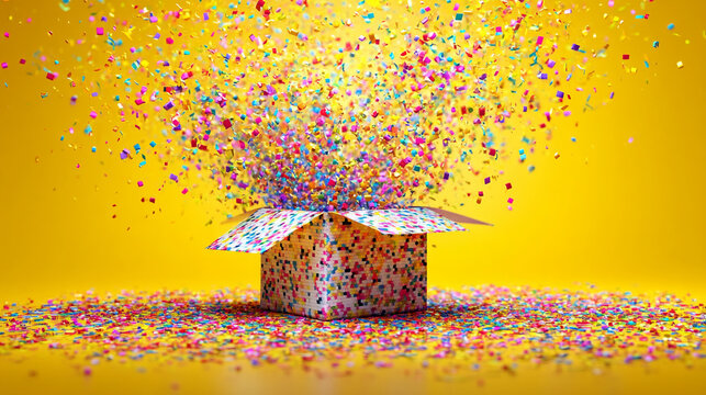 A colorful confetti box exploding with vibrant multicolored sprinkles everywhere