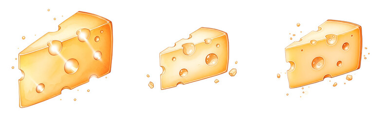 Three wedges of cheese with water droplets on them on transparent background