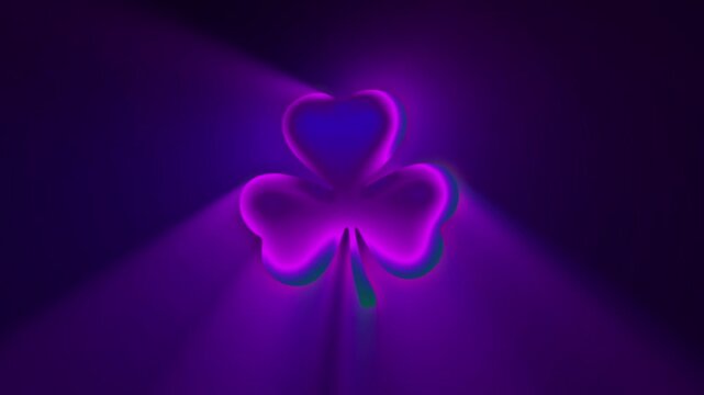 Glowing green neon shamrock with soft gradient light on black background, seamless looping animation for St. Patrick&rsquo;s Day.