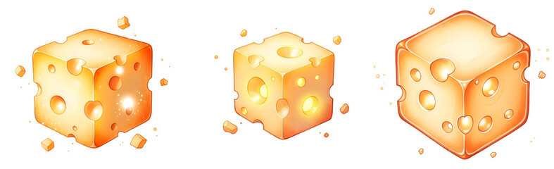 Three glowing cheese cubes on transparent background with crumbs scattered around them