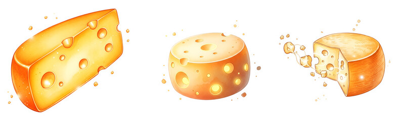 An illustration of three types of cheese on transparent background