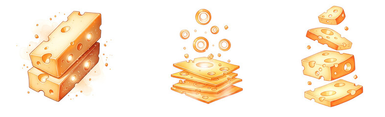A set of cheese slices and wedges on transparent background