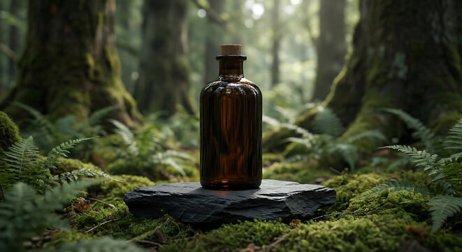 Amber glass medicine bottle mockup on stone podium in deep green mossy forest