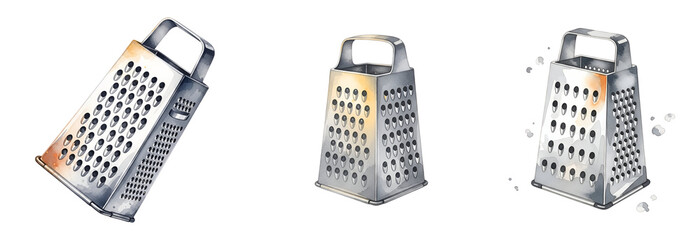 Three stainless steel graters on transparent background for kitchen use