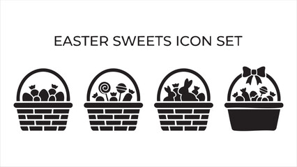 Easter sweets icon set featuring gift baskets filled with eggs and treats