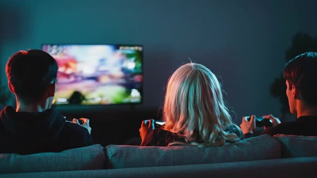 Engaging multiplayer gaming moment featuring friends enjoying video games on a large TV screen in a cozy living room setting