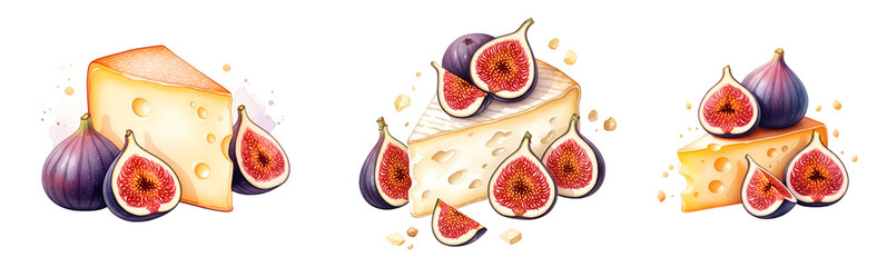 A vibrant illustration of cheese and figs on transparent background