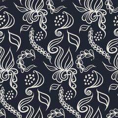 Fototapeta premium Modern seamless floral line pattern on deep navy background. Perfect for textile manufacturing, fashion fabric printing, wallpaper production, and decorative surface applications.