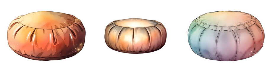 Three colorful poufs on transparent background for home decor and furniture design
