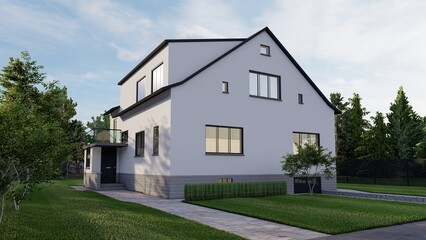 Obraz premium Modern Two-Story White Residential House with Garden and Stone Path - 3D Render Architectural Visualization