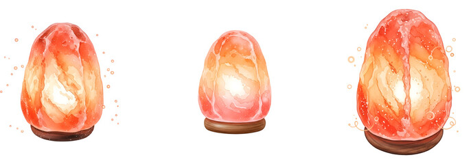 Three Himalayan salt lamps on transparent background with soft glowing light