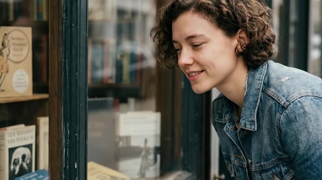 Young woman with curly hair wearing a denim jacket is looking intently at books displayed in a quaint old bookstore window on a city street, conveying curiosity and a love for reading