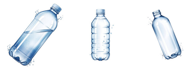 Three clear plastic water bottles on transparent background