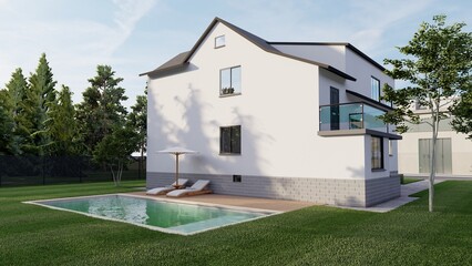 Fototapeta premium Modern Two-Story House with Private Swimming Pool and Garden Backyard Architecture 3D Render
