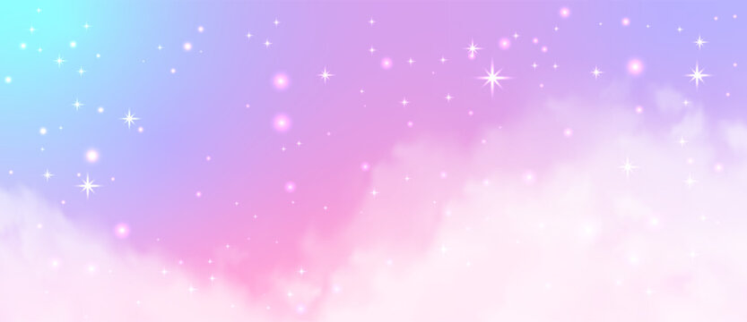 Pastel pink and lavender sky gradient with soft clouds, sparkling stars and glowing bokeh lights, magical princess backdrop with dream pink glitter mood.