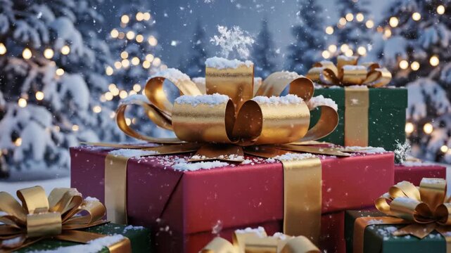 Christmas gifts piled with snow and bows in a winter forest with fairy lights