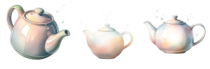 Three white teapots with steam rising on transparent background
