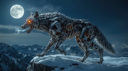 Fototapeta premium A menacing futuristic cyborg wolf (cyberpunk style) with glowing orange eyes and metallic skeletal frame stands on a snowy mountain under a full moon.