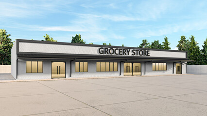 Modern Grocery Store Exterior with White Brick Wall and Black Awning, 3D Render of a Supermarket Facade with Empty Parking Lot © Ahmad