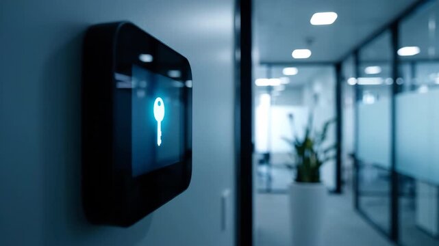 Close-up of a modern access control panel displaying a digital key icon. The panel is mounted on a wall in a contemporary office hallway with glass partitions and potted plants.