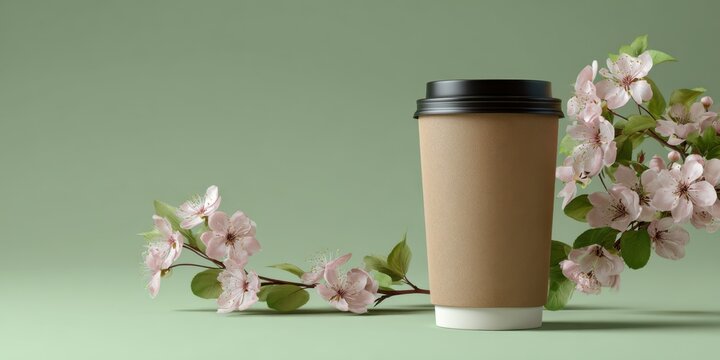 Disposable coffee cup with brown sleeve and pink blossoms against pale green background