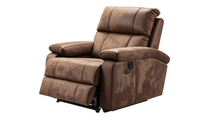 A brown, plush recliner chair, partially reclined, set against a dark, neutral background