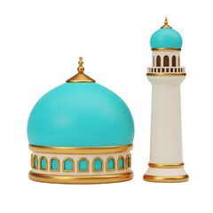 Beautiful 3D rendered mosque dome and minaret in turquoise and gold.
