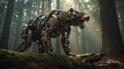 Fototapeta premium A fierce mechanical or cyborg bear with exposed wires, metal plates, and glowing red eyes, positioned on mossy ground in a dark, sun-dappled forest.