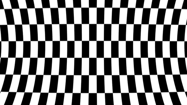 A black and white checkered grid moves horizontally with a spherical lens distortion effect creating a seamless optical illusion.