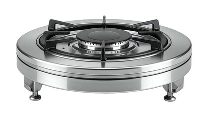 A stainless steel single-burner cooktop, round with a black burner and support, isolated