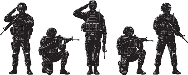 Vector graphic illustration of soldiers in military gear with weapons and tactical vests, showcasing combat readiness and defense