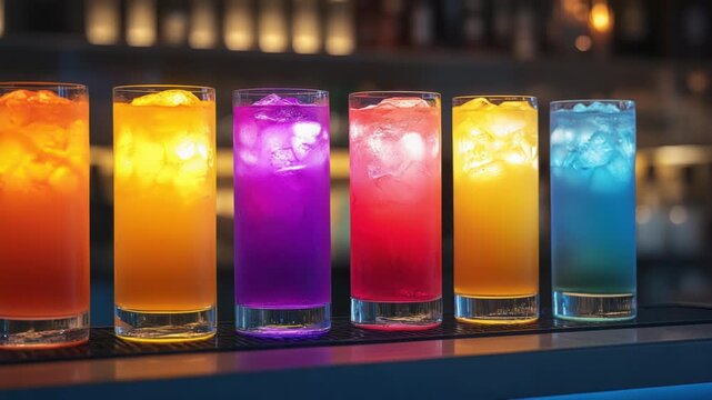 A row of colorful drinks on a bar, illuminated with ice. They display different vivid colors