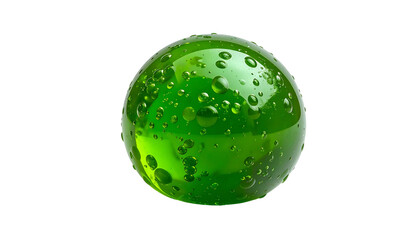 Spherical object, transparent green with internal bubbles, isolated on black background