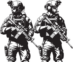 Dynamic illustration of two armed special forces soldiers in full tactical gear, ready for action and representing elite security operations