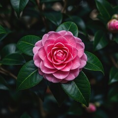 A detailed, lush close-up view of a vibrant pink camellia bloom featuring layered petals and glossy dark green foliage in a garden setting ,Camellia ,bloom ,beautiful