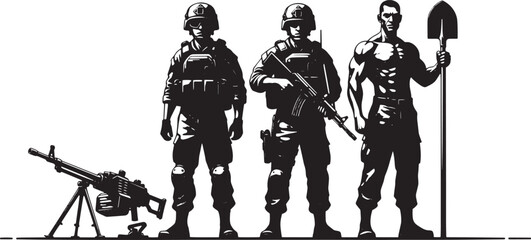 Silhouette illustration of three soldiers standing, one holding a machine gun, another with a rifle, and the third with a shovel, representing military strength and readiness