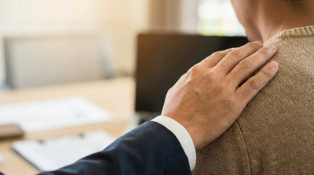 intelligence leader meeting emotional business concept. Man comforting woman with hand on shoulder, empathetic reassurance text