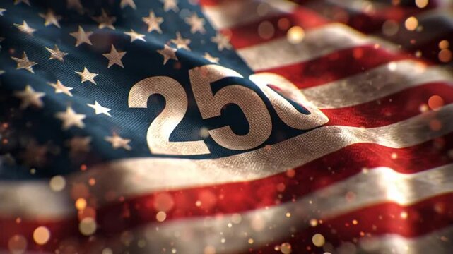 American flag waving with 250 text overlay