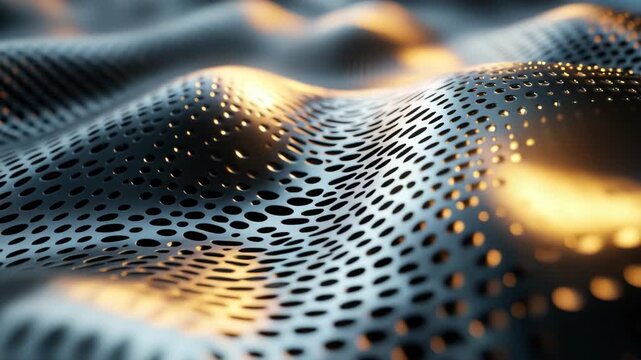Close-up of undulating, perforated metallic surface with blurred, warm-toned highlights