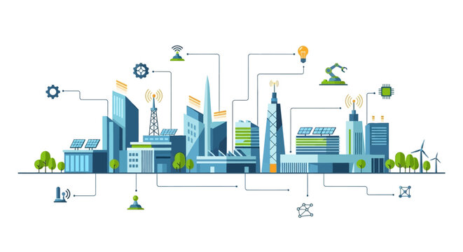 Illustration of a smart city with interconnected buildings, renewable energy sources, and communication networks.