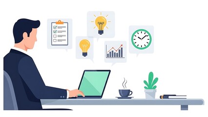 Fototapeta premium A businessman working on a laptop at his desk with various business and productivity icons floating above.