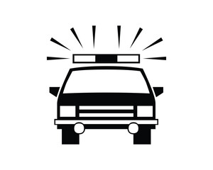 Black and White Vector Graphic of a Police Car with Flashing Lights on Top
