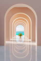 A series of arched doorways leads the eye towards a vibrant ocean view and plant