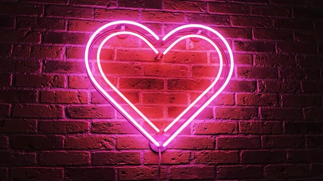 Bright pink neon heart sign glowing on a dark brick wall background